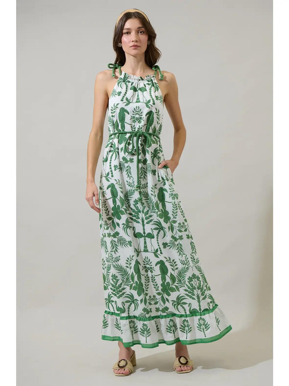 Adriana Floral Halter Neck Maxi Dress - White/Green Adriana Floral Halter Neck Maxi Dress - White/Green