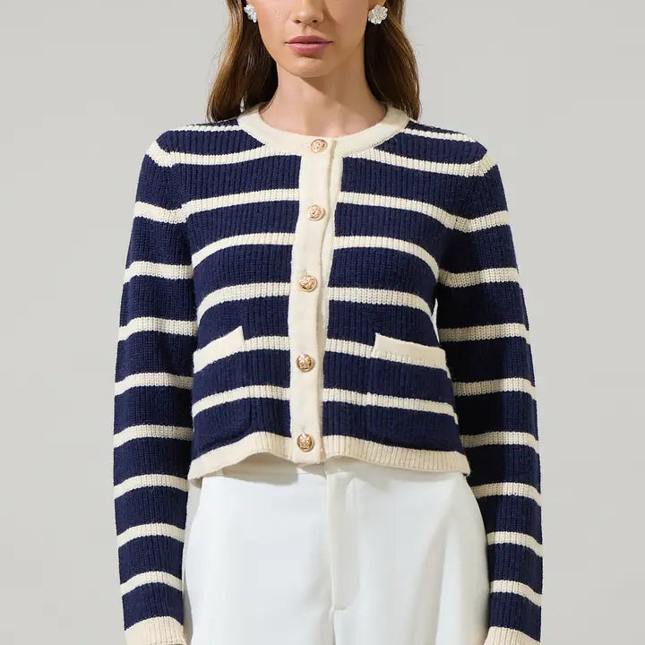 Blair Striped Cropped Cardigan Navy/Cream