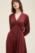 Load image into Gallery viewer, Alessandra Smocked Satin Long Sleeve Dress - Vino