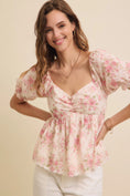 Load image into Gallery viewer, Emily Floral Babydoll Top in soft pink with delicate puff sleeves, eyelet fabric, and intricate floral print, perfect for an elegant, feminine look.