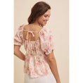 Load image into Gallery viewer, Back view of elegant Emily Floral Babydoll Top in powdery pink with delicate puff sleeves, eyelet fabric, and floral print, showcasing the back tie detail, perfect for pairing with pants or skirts.