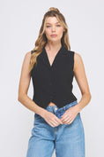 Load image into Gallery viewer, Jessica Tailored Button Vest in black with classic collared neckline, front buttons, and a sleek, fitted silhouette for a sophisticated look.