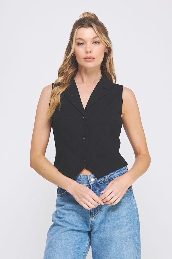 Jessica Tailored Button Vest in black with classic collared neckline, front buttons, and a sleek, fitted silhouette for a sophisticated look.