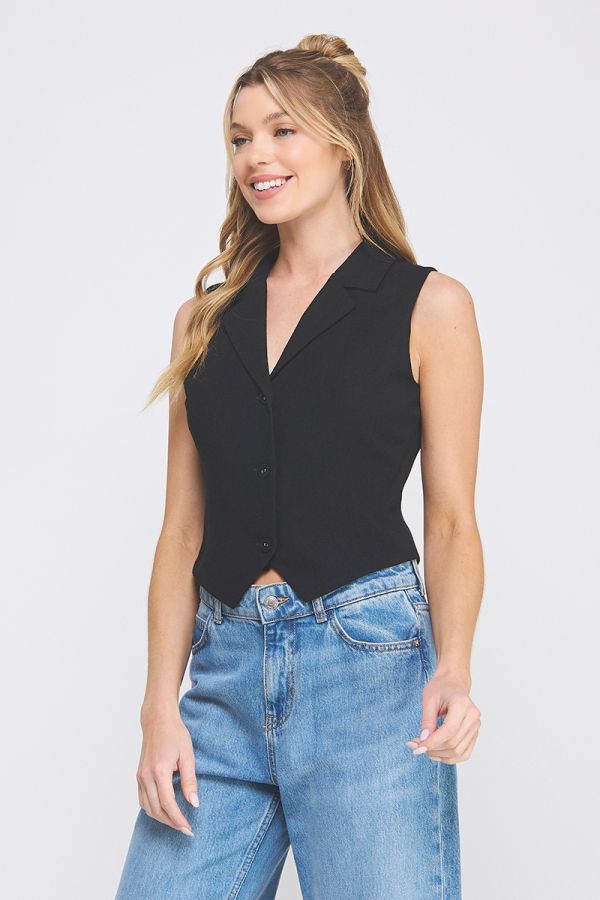 Side-view of sophisticated Jessica Tailored Button Vest in black, designed with a fitted silhouette, collared neckline, and front buttons for a classic touch.