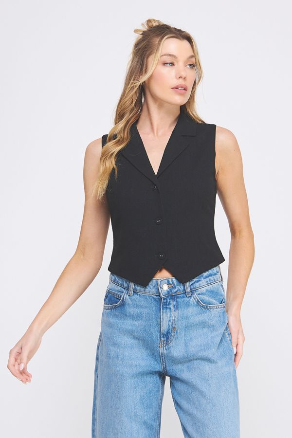 Chic black Jessica Tailored Button Vest featuring a collared neckline, tailored fit, and front buttons for easy styling.