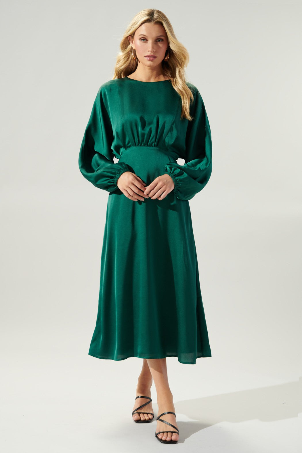 emerald midi dress with sleeves Noelle Satin Dolman Sleeve Midi Dress