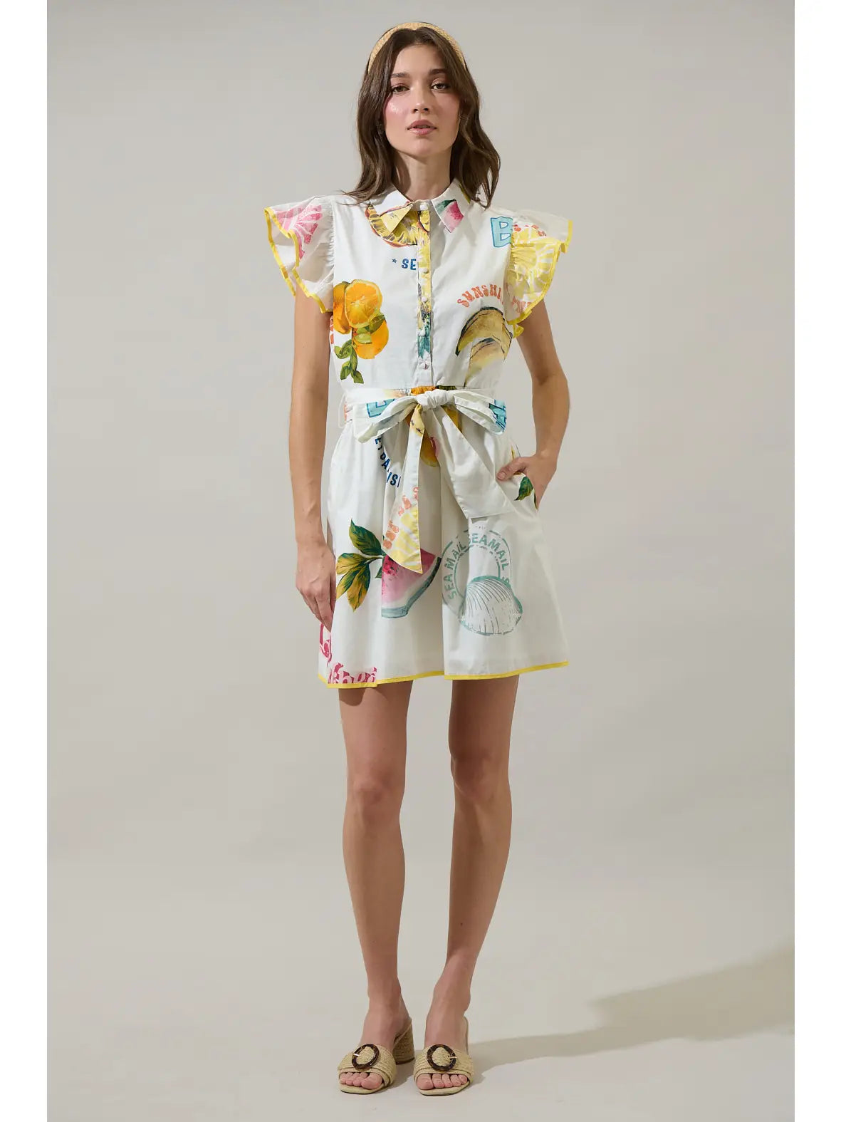 elena mini dress Zahra Island Maia Ruffle Collared Dress IVORY-MUL / XS by Sugarlips
