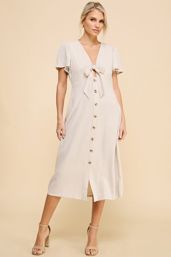 Sydney Linen Button Midi Dress - Natural Medium / Natural