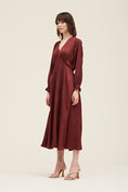 Load image into Gallery viewer, Alessandra Smocked Satin Long Sleeve Dress - Vino