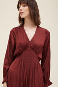 Load image into Gallery viewer, Alessandra Smocked Satin Long Sleeve Dress - Vino