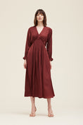 Load image into Gallery viewer, Alessandra Smocked Satin Long Sleeve Dress - Vino