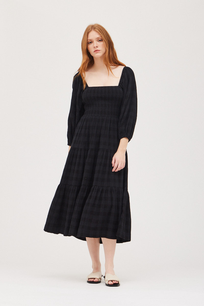 Amelia Square Neck Tiered Midi Dress - Black Small / Black