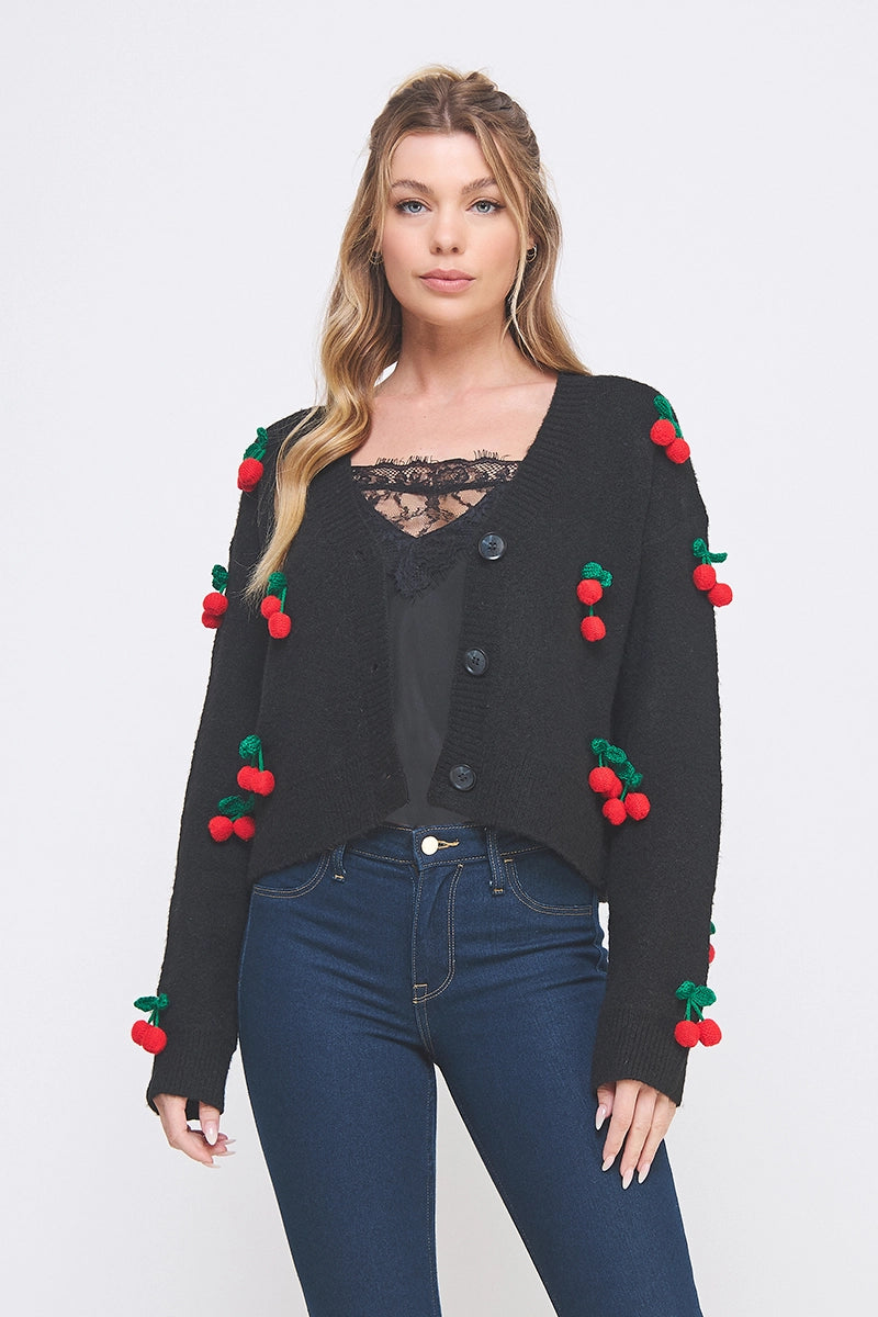 Katie 3D Cherry Front Button Cardigan - Cream