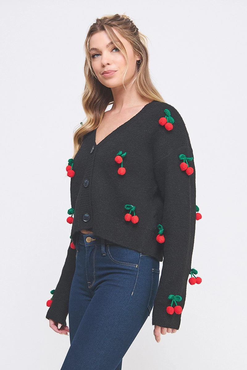 Katie 3D Cherry Front Button Cardigan - Cream
