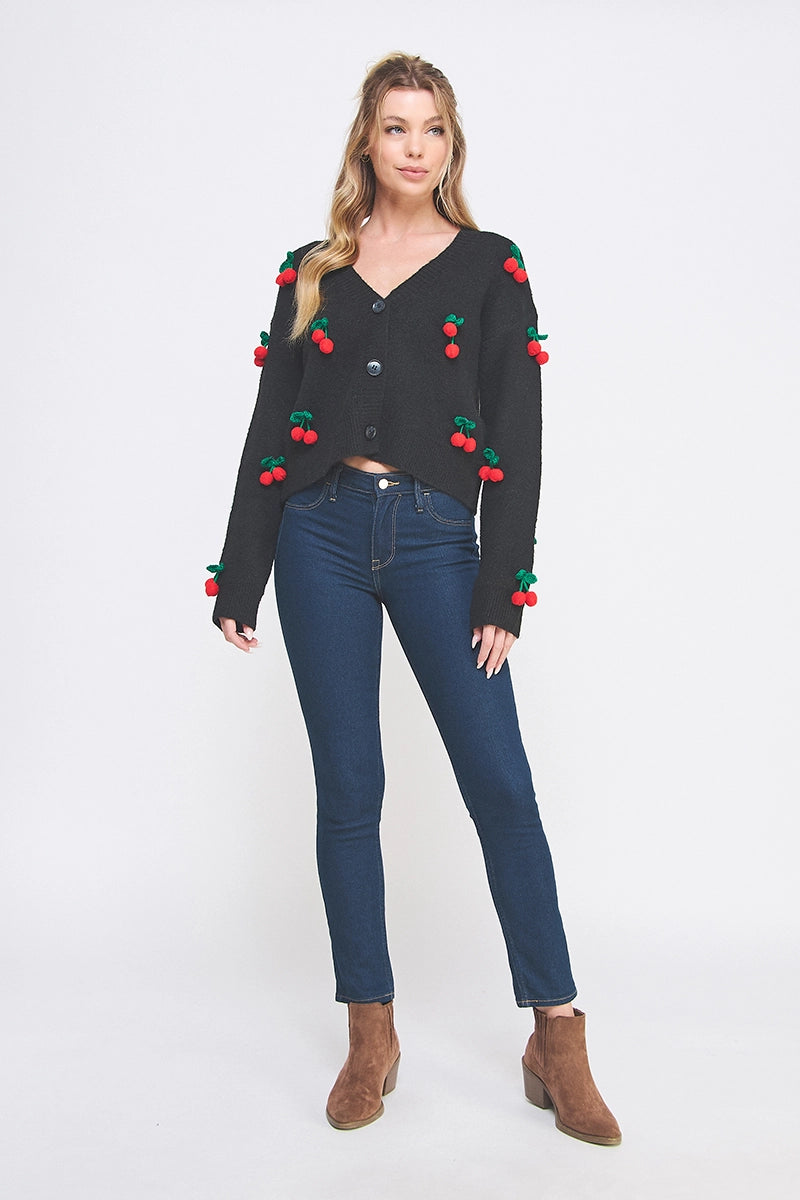 Katie 3D Cherry Front Button Cardigan - Cream