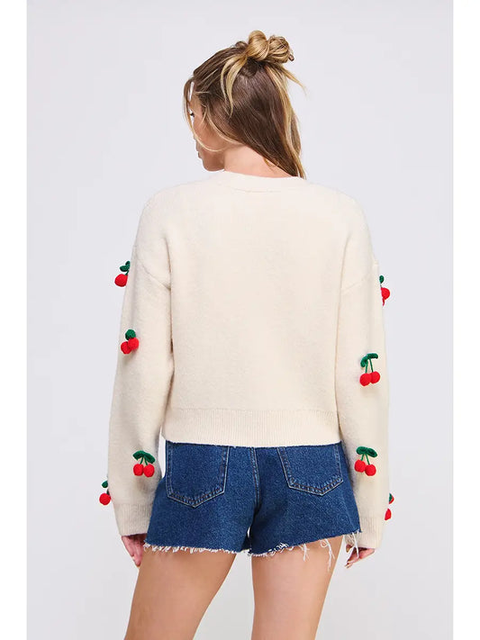 Katie 3D Cherry Front Button Cardigan - Cream
