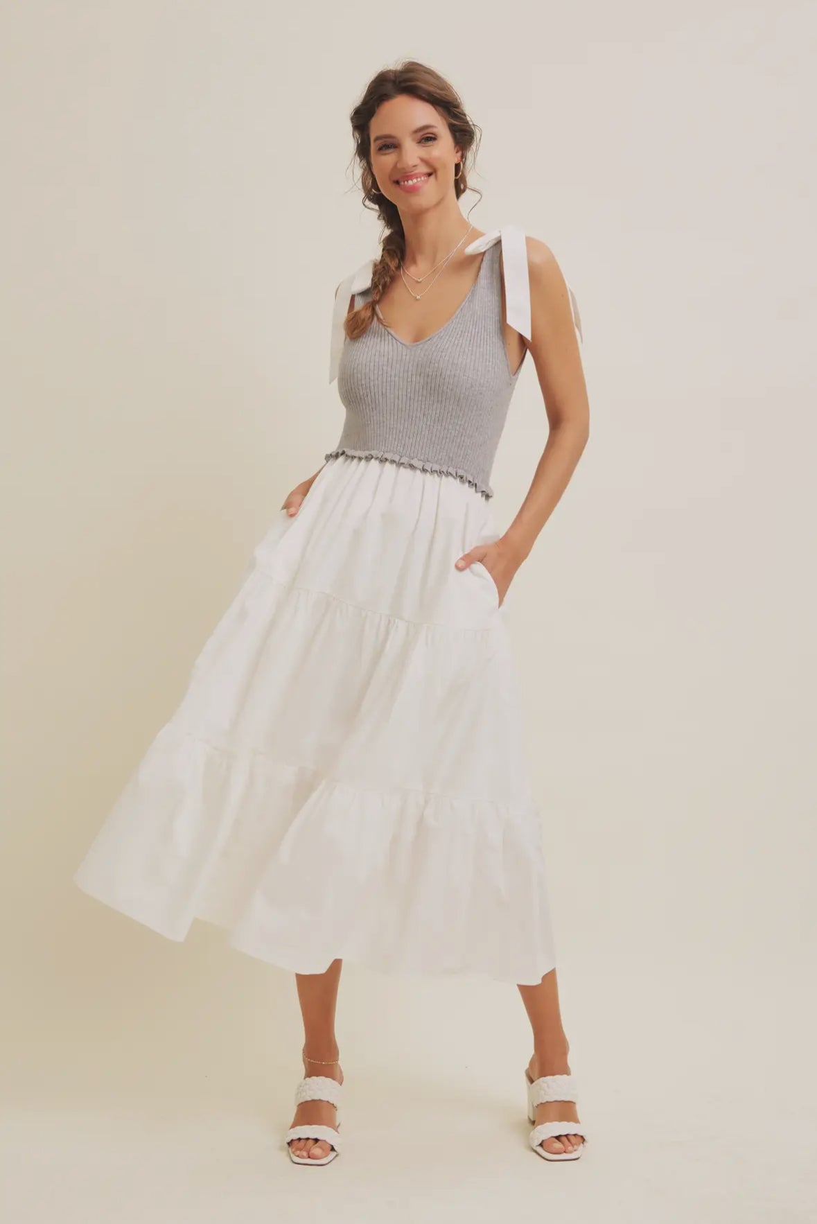 Lesley Sweater Tank Tiered Dress - Gray/White