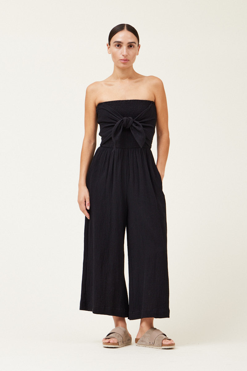 Chrissy Tie Front Gauze Strapless Jumpsuit - Black