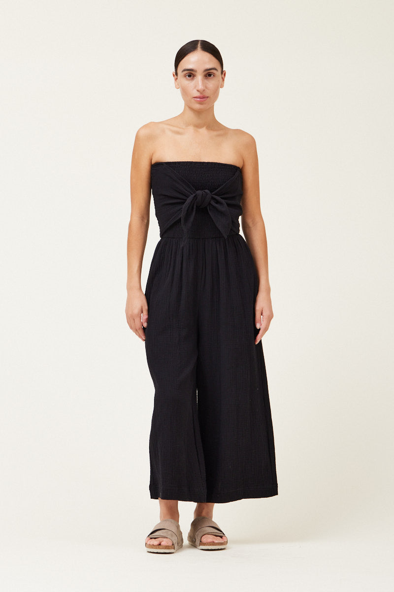 Chrissy Tie Front Gauze Strapless Jumpsuit - Black