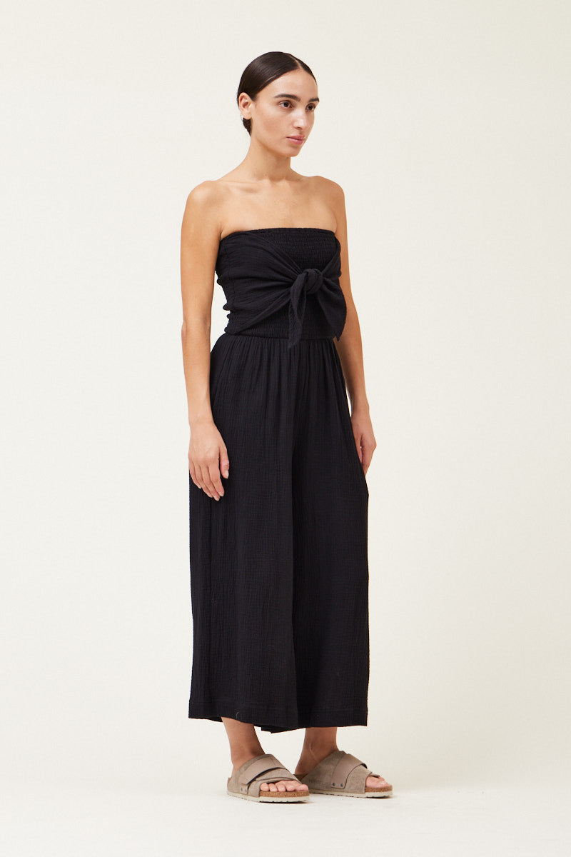 Chrissy Tie Front Gauze Strapless Jumpsuit - Black