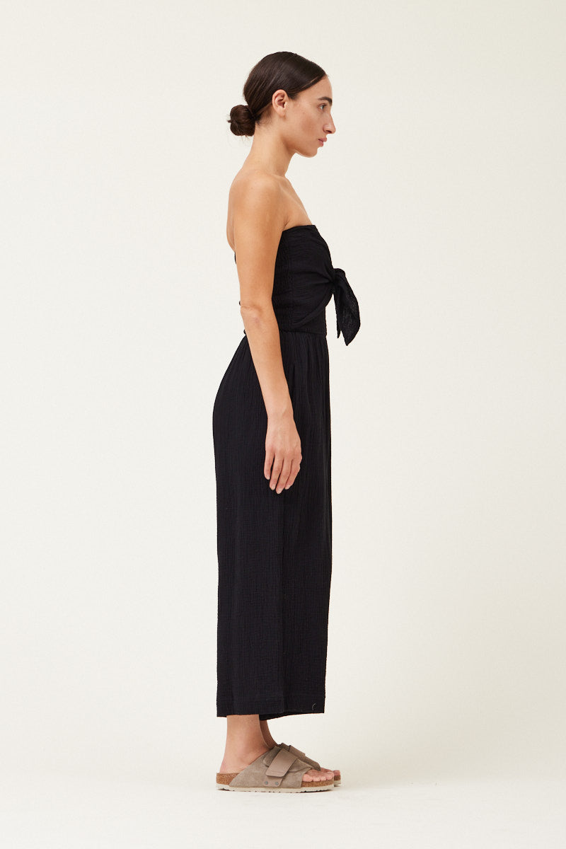 Chrissy Tie Front Gauze Strapless Jumpsuit - Black