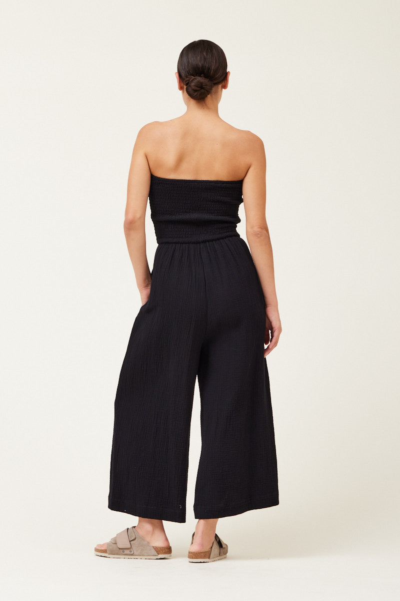 Chrissy Tie Front Gauze Strapless Jumpsuit - Black