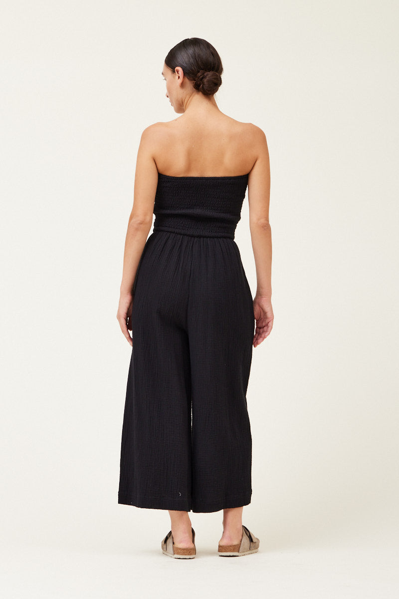 Chrissy Tie Front Gauze Strapless Jumpsuit - Black