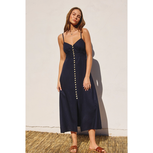 Isabella Button Front Midi Dress - Navy Blue