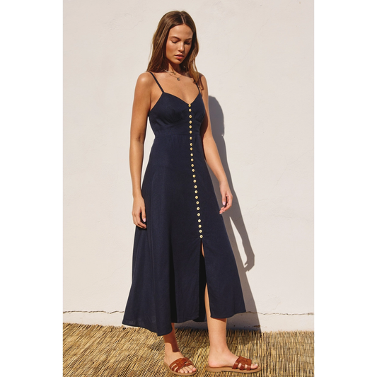 Isabella Button Front Midi Dress - Navy Blue