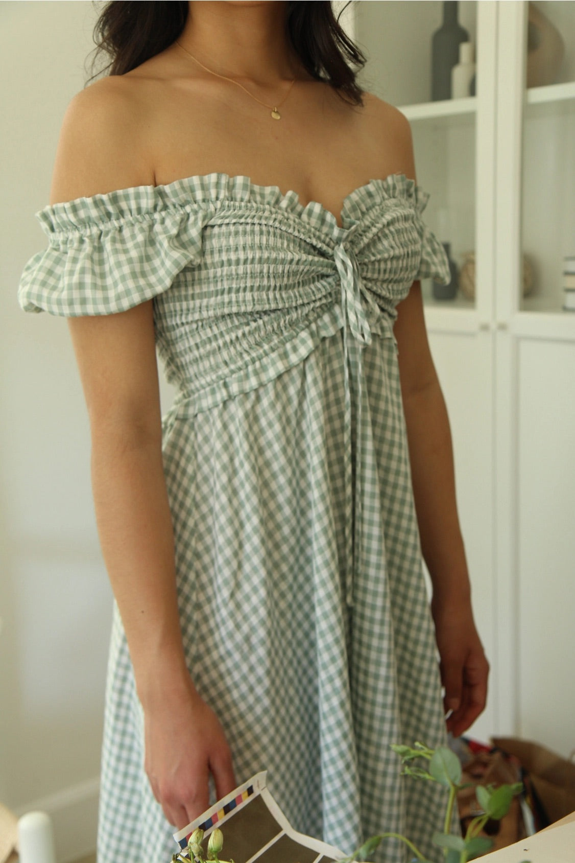 Willow Off-the-Shoulder Ruffled Gingham Midi Dress - Sage