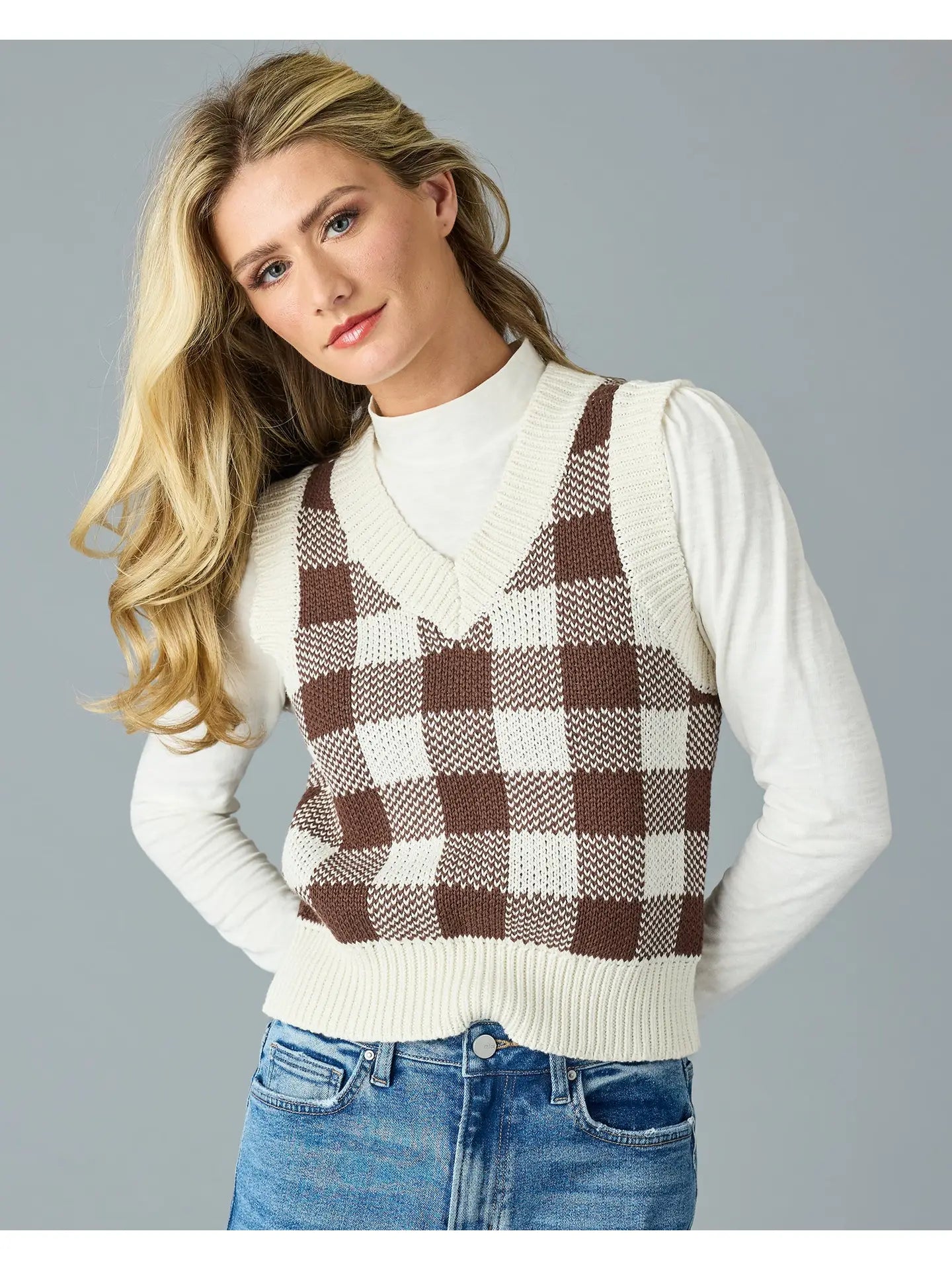 Addison Plaid V-Neck Sweater Vest - Coffee Check