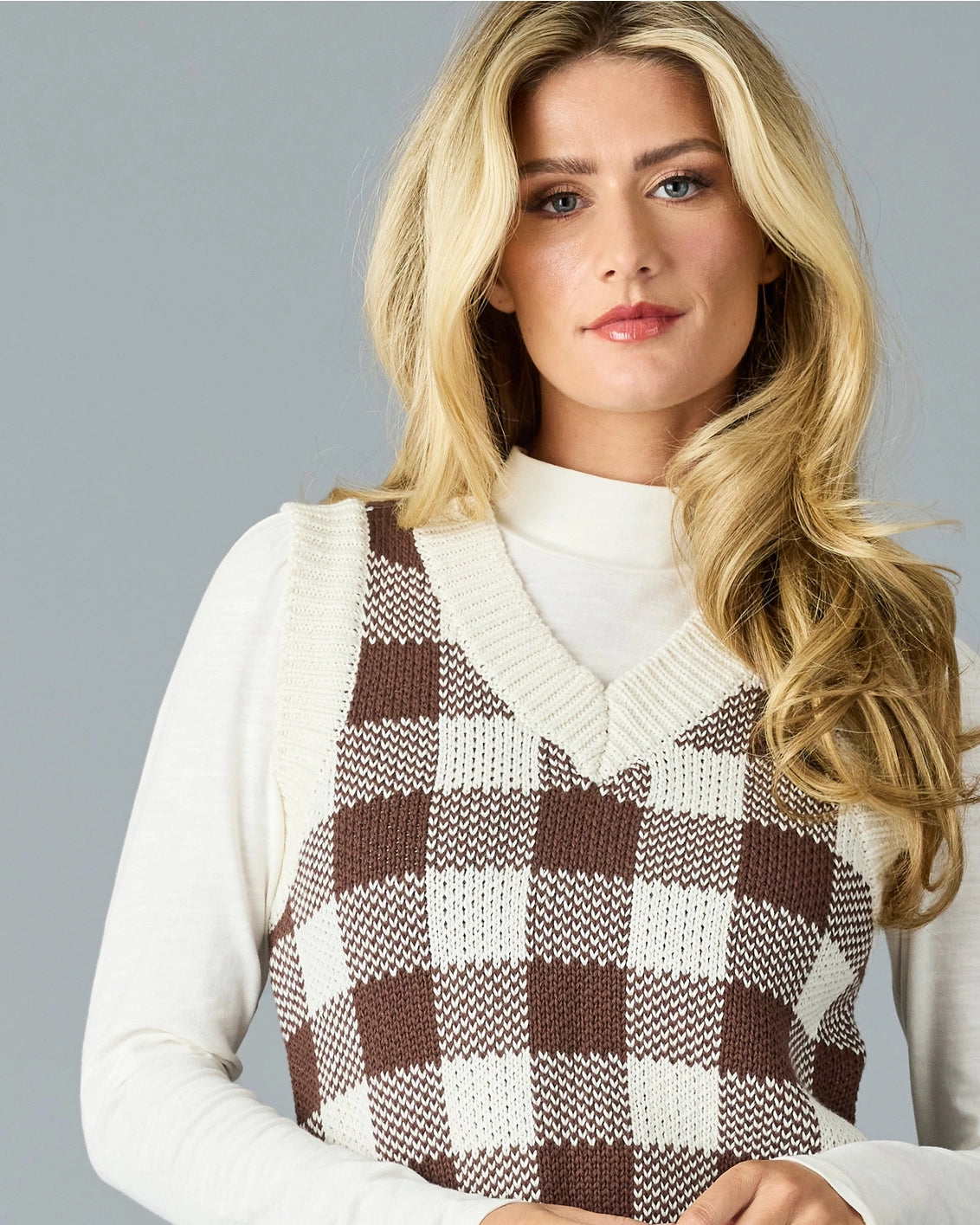 Addison Plaid V-Neck Sweater Vest - Coffee Check