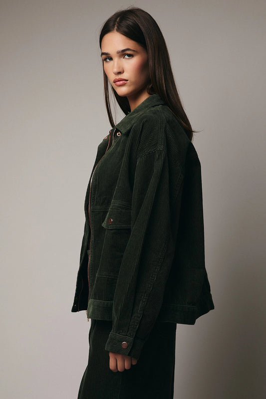 Aiko Corduroy Zip Jacket - Dark Olive