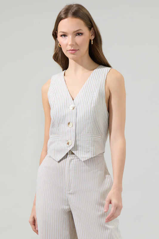 Alba Striped Button Up Vest - Oatmeal/White