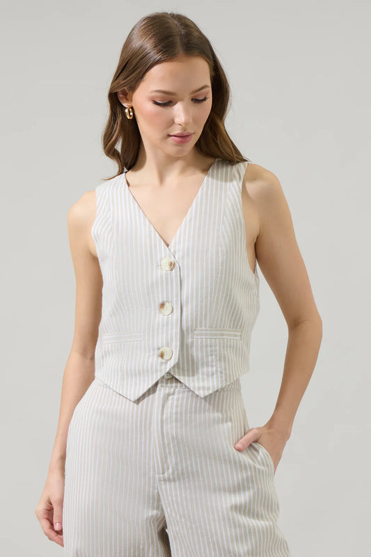 Alba Striped Button Up Vest - Oatmeal/White