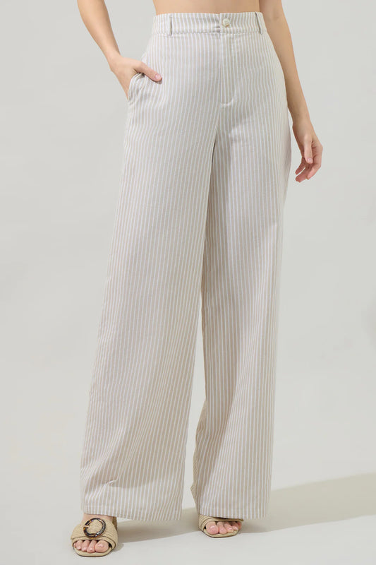 Alba Striped Belted Wide Leg Trousers - Oatmeal/White