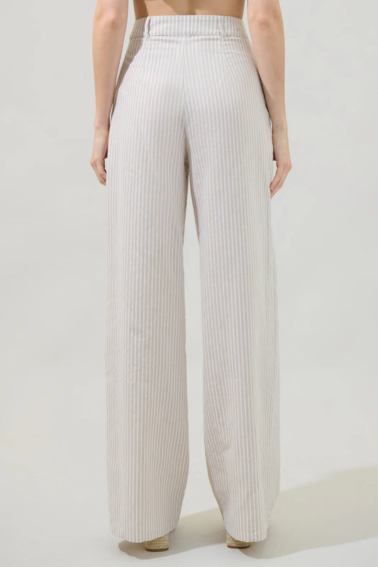 Alba Striped Belted Wide Leg Trousers - Oatmeal/White