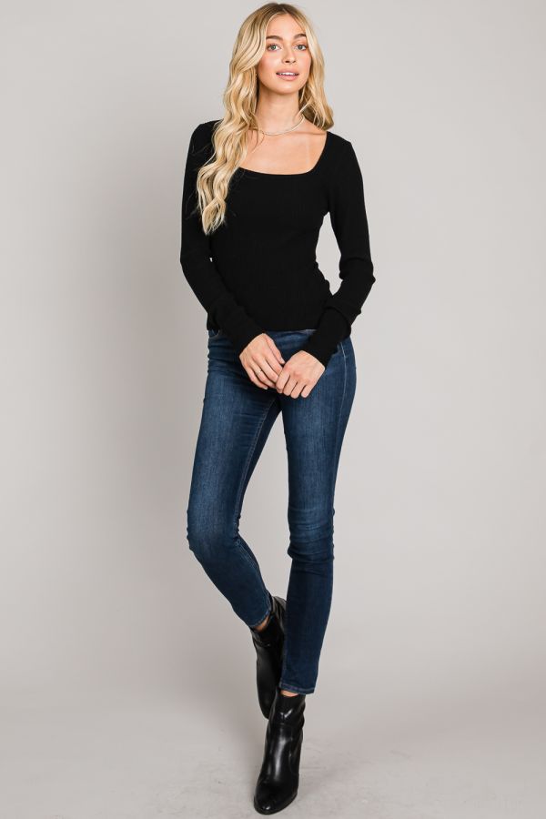 Annalise Square Neck Long Sleeve Top - Black/Truffle