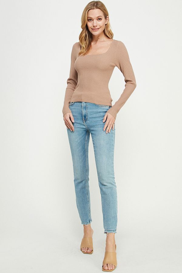 Annalise Square Neck Long Sleeve Top - Black/Truffle