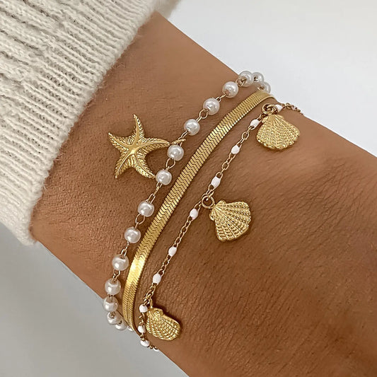 Ariel Shell Pearl Stacked Bracelet - Gold