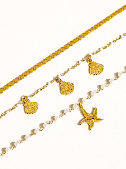 Ariel Shell Pearl Stacked Bracelet - Gold