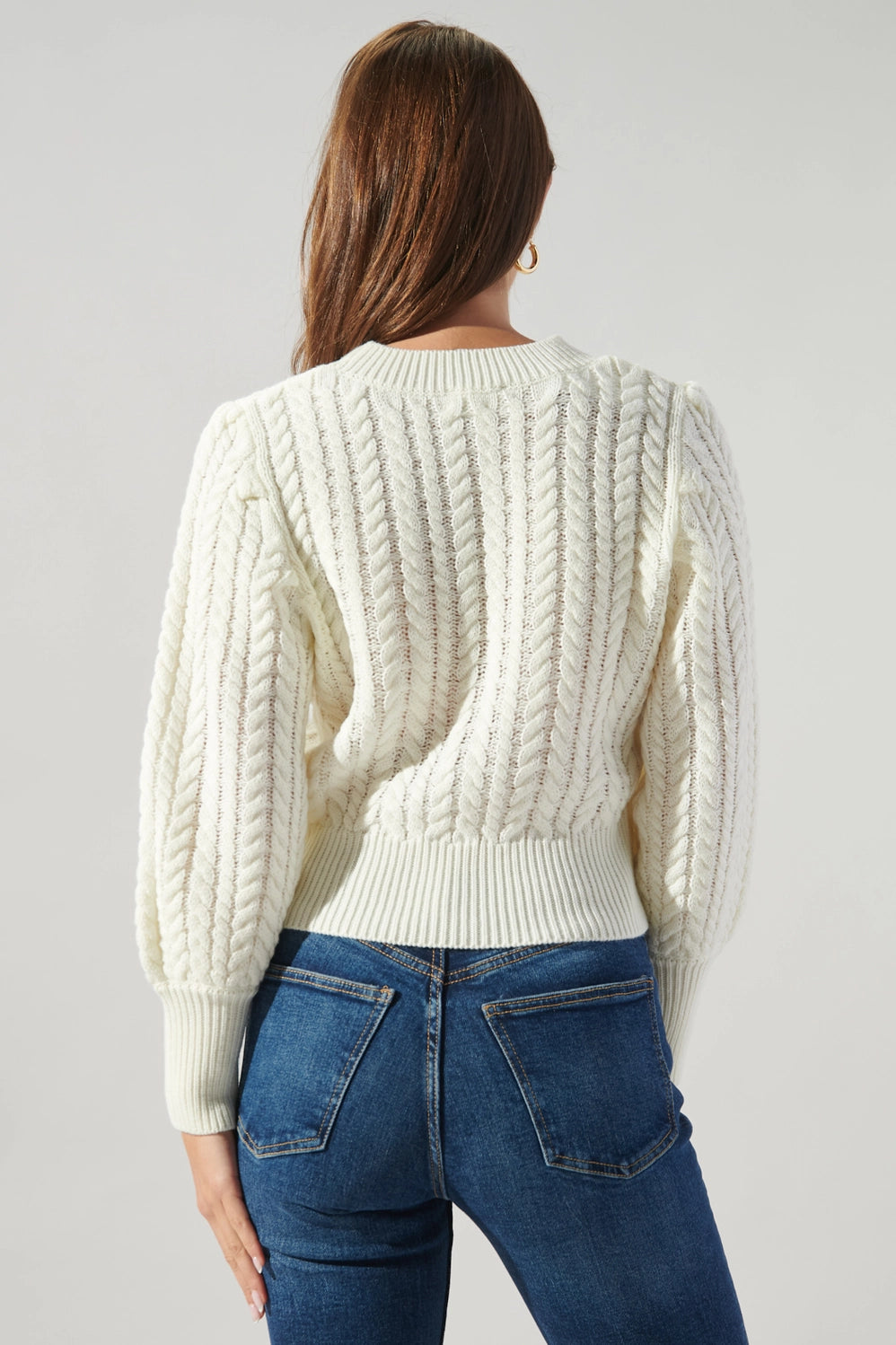 Ashtyn Cable Knit Balloon Sleeve Sweater - White