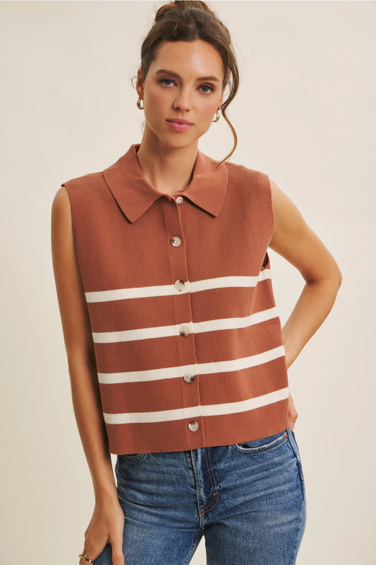 Aster Button-Down Sweater Vest - Terracotta/Ivory
