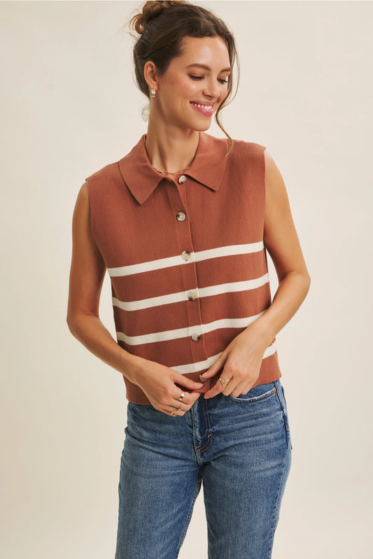 Aster Button-Down Sweater Vest - Terracotta/Ivory