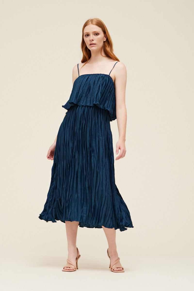 Audrey Tiered Pleats Midi Dress - Blue Jewel