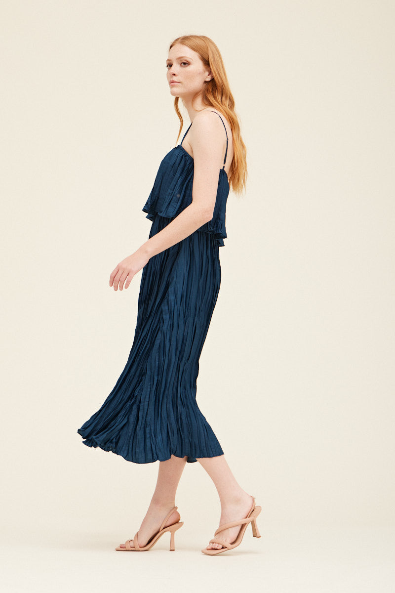 Audrey Tiered Pleats Midi Dress - Blue Jewel