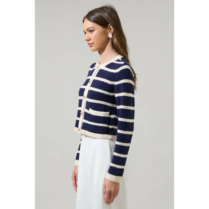 Blair Striped Cropped Cardigan - Navy/Cream