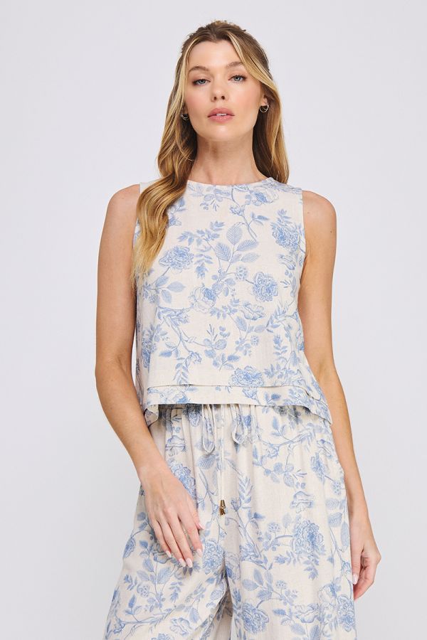 Allie Floral Linen Blend Tank Top - Blue Blossom