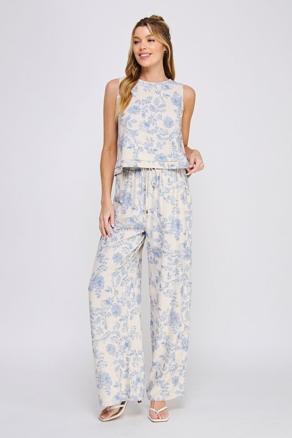 Allie Floral Linen Blend Tank Top - Blue Blossom