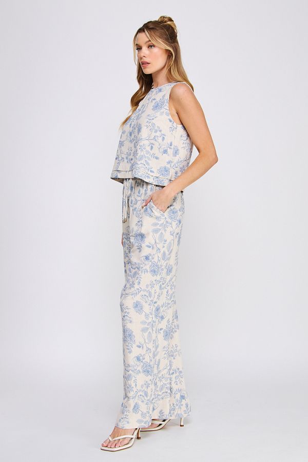 Allie Floral Linen Blend Tank Top - Blue Blossom